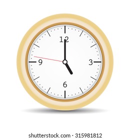Round clock with brown frame and numbers on isolated white background. Vector illustration