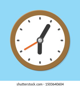 
Round clock with brown frame on the blue background