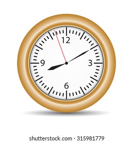 Round clock with brown frame on isolated white background. Vector illustration
