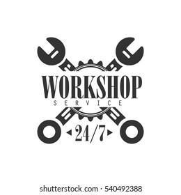Redondear El Taller De Reparación De Coches De Reloj Plantilla De Diseño De Etiquetas En Blanco Y Negro Con Pulseras Cruzadas