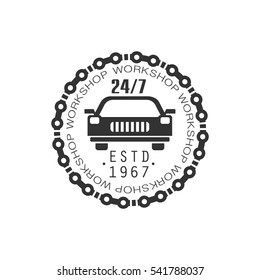 Round The Clock Car Repair Workshop Black And White Label Design Template