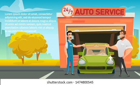 Round The Clock Car Service Cartoon Vector Concept with Auto Service Smiling Worker or Mechanic Giving Keys to Happy Owner After Finishing Vehicle Diagnostics or Spare Parts Replacement Illustration