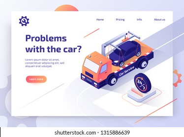 Round The Clock Car Towing Truck Service Isometric Vector Web Banner with Flatbed Truck Transporting Vehicle to Repair Shop Illustration. Road Assistance and Evacuation Service Landing Page Template
