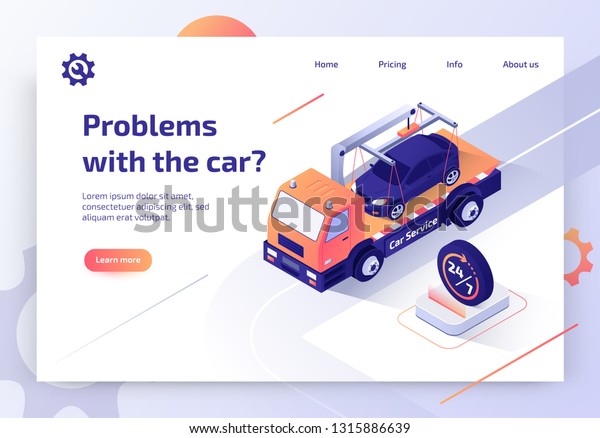 Round The Clock Car Towing Truck Service\
Isometric Vector Web Banner with Flatbed Truck Transporting Vehicle\
to Repair Shop Illustration. Road Assistance and Evacuation Service\
Landing Page Template