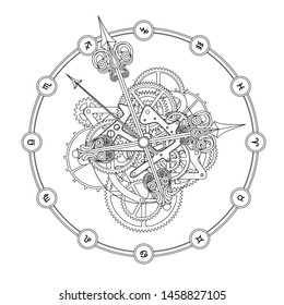 Round clock with decorative hour hands, gears, cogwheels and zodiac symbols. Linear drawing and design for a coloring book. Vector illustration