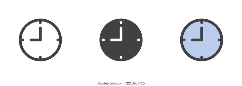 Round clock different style icon set. Line, glyph and filled outline colorful version, outline and filled vector sign. Time symbol, logo illustration. Vector graphics