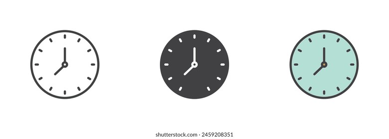 Runde Uhr verschiedener Stil Icon Set. Linie, Glyphe und gefüllte Umrissfarben, Umriss und gefüllte Vektorgrafik. Wanduhr-Symbol, Logo-Illustration. Vektorgrafik-Grafiken
