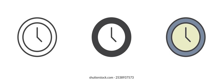 Conjunto de iconos de estilo diferente de reloj redondo. Línea, glifo y contorno relleno versión colorida, contorno y signo de Vector relleno. Símbolo de tiempo, ilustración de logotipo. Gráficos de Vector