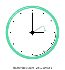 A round clock displays the time with hour and minute hands, featuring a bright green border and clear markings for each hour.