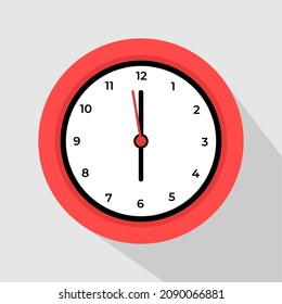 Round clock face showing six o'clock isolated on white background. 6 clock, Vector illustration