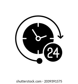 Icono de glifo redondeado. 24 horas. El vector rellena la ilustración negra.