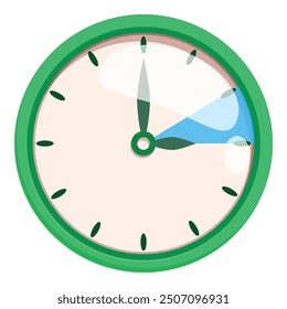 Round clock with a green frame, showing that it is almost half past one