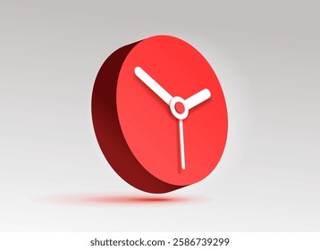 Round clock icon in 3d flat style, red cylinder timer on gray background. Business watch. Volume vector design element for you project