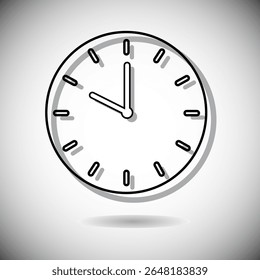 Round clock icon. Time measurement device. Hour minute display. Flat shadow Vector.