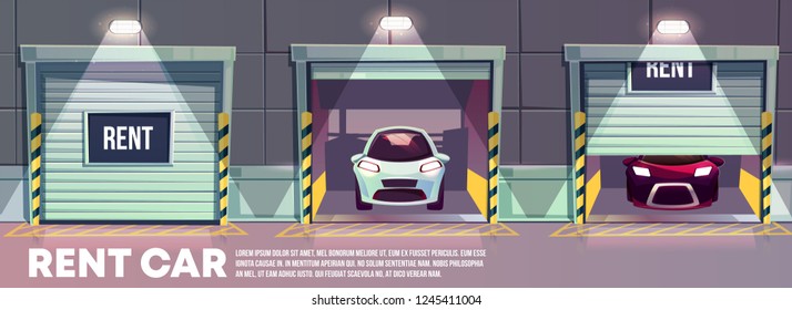 Round the clock rent car service cartoon vector banner with various modern automobiles standing in garage storage with roll gates illustration. Vehicle rental company online service web page template