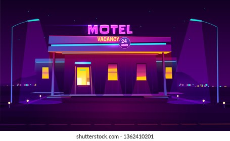 Round the clock, roadside motel with car parking, glowing at night with bright neon illumination cartoon vector illustration. Comfortable accommodation for traveling people. Car tourism background