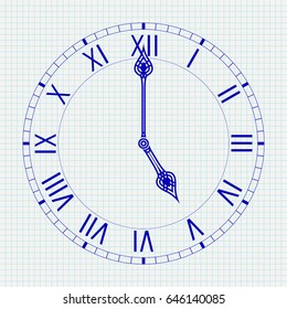 Round clock with roman numerals. Five o'clock. Vector illustration on notebook sheet background