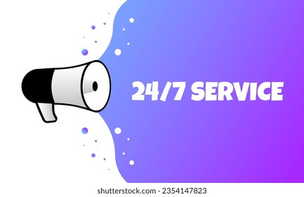 Round the clock service. Flat, purple, loudspeaker icon, 247 service. Vector illustration