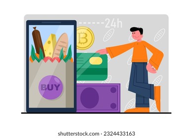 Round clock service. Man orders and pays for food online. Mobile app for shopping. Cashless payments. Credit card in phone. Electronic commerce benefits