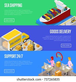 Round the clock shipping service isometric posters. Sea freight shipment, goods distribution, fast delivery transportation, warehouse management. Commercial cargo transportation vector illustration.