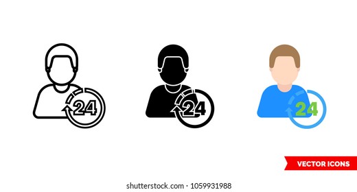 Round the clock support icon of 3 types: color, black and white, outline. Isolated vector sign symbol.