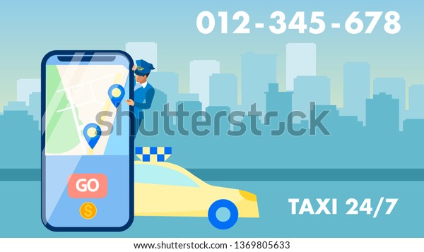 Round the clock Taxi Service Advertising\
Banner Personal Chauffeur Cartoon Character. Phone Number, Cab\
Driver, Cityscape Silhouette. Transport Call, City Travel Business\
Illustration with\
Typography