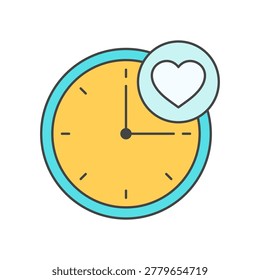 A round clock with a yellow face and blue rim is shown with a heart symbol in a circular badge at the top right. The simple composition combines time and affection symbols.