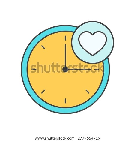 A round clock with a yellow face and blue rim is shown with a heart symbol in a circular badge at the top right. The simple composition combines time and affection symbols.