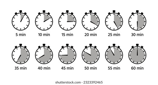 Round clocks with different minutes. Timer, stopwatches icons in circle shape. Chronometer deadline symbols isolated. Countdown timer set. Vector illustration. Cooking indicators in flat design.