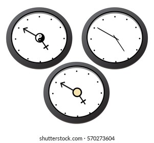 Round clocks without dial, with traditional and non-traditional hands, with symbols of yin, yang and sex