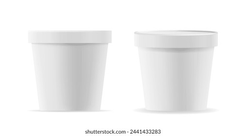 Round Closed Food Containers Front View. Ice Cream or Mayonnaise Buckets Mockup. Isolated 3d Vector Templates