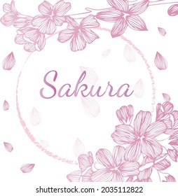 Round closed frame in the form of a pink color ribbon. On the sides are located Sakura flowers. Spring frame in the Japanese style. It can be used for invitations, weddings, greeting cards.