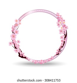 Round closed frame in the form of a pink color ribbon. On the sides are located Sakura flowers. Spring frame in the Japanese style. It can be used for invitations, weddings, greeting cards.