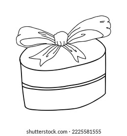 Round closed gift box. Black contour present package with bow. Happy birthday cardboard with ribbon