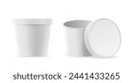 Round Closed and Open Food Container Template. Realistic White Plastic Boxes For Branding Presentations, Advertisement