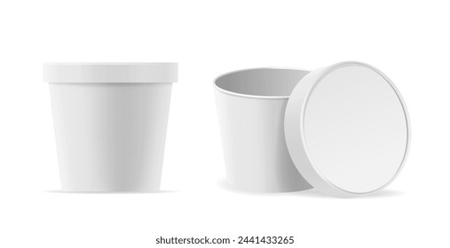 Round Closed and Open Food Container Template. Realistic White Plastic Boxes For Branding Presentations, Advertisement