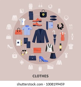 Round Clothes composition with icon set combined in big circle and flat elements vector illustration