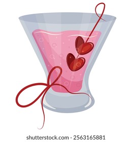 round cocktails glass icon with pink drink and berries in the shape of hearts and red bow, design for valentine's day