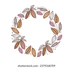 Round Cocoa beans frame. Doodle Outline vector illustration. Organic product sketch. Flavor cooking ingredient. Chocolate cocoa beans and branch. Round frame template sketch illustration. Cocoa frame.