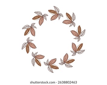 Round Cocoa beans frame. Doodle Outline vector illustration. Organic product sketch. Flavor cooking ingredient. Chocolate cocoa beans Round frame template sketch illustration. Cocoa frame