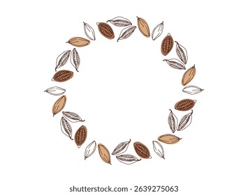 Round Cocoa beans lineart frame. Doodle Outline vector illustration. Organic product sketch. Flavor cooking ingredient. Chocolate cocoa beans Round frame template sketch illustration. Cocoa frame
