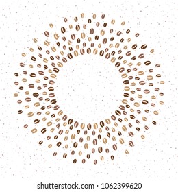 Round coffee beans frame with space for text and spray, splash, tiny specks, spots, dots texture. Circle shape radial vector background for coffee house, packaging. Shades of brawn design element.