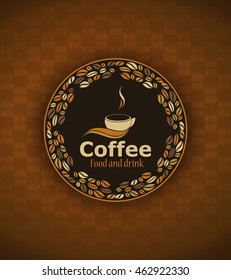 Round coffee label with logo, dark brown background