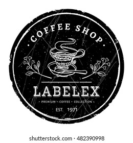 Round coffee shop label. Hand drawn logo on circle grange background