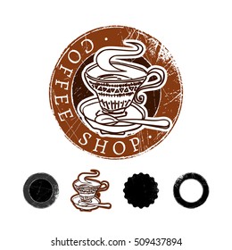 Round coffee shop label. Hand drawn logo on circle grange background