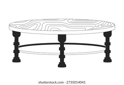 Mesa de centro redonda con objeto de línea 2D de textura de madera. Elegantes muebles de sala de estar. Decoración funcional de Antiguas. Rincón acogedor aislado Clipart Vector elemento de contorno de tinta. Ilustración de punto monocromo