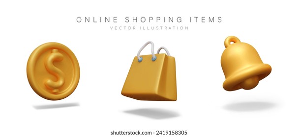 Round coin with dollar sign, paper bag with handles, gold bell