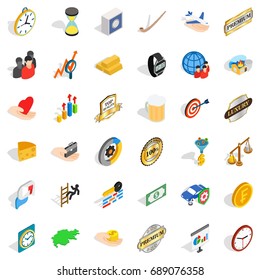 Round coin icons set. Isometric style of 36 round coin vector icons for web isolated on white background