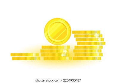 Moneda redonda sobre pilas de monedas, vista lateral. Tres pilas de monedas. Dibujo vectorial plano de dibujos animados. Símbolo del crecimiento económico, la riqueza y las finanzas