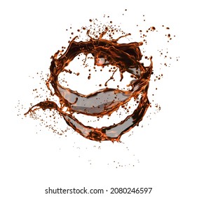 Round cola drink or whiskey wave splash. Soda beverage or bourbon alcohol, vector isolated swirl. Splashing pour or twirl flow of whiskey or cola and rum spill with drops splatter in realistic pouring